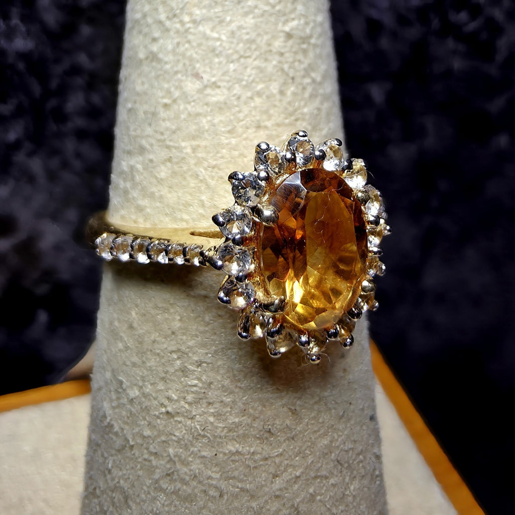 1.09 CT Oval Natural Citrine & White Topaz Halo Ring in Gold over Silver Size 7