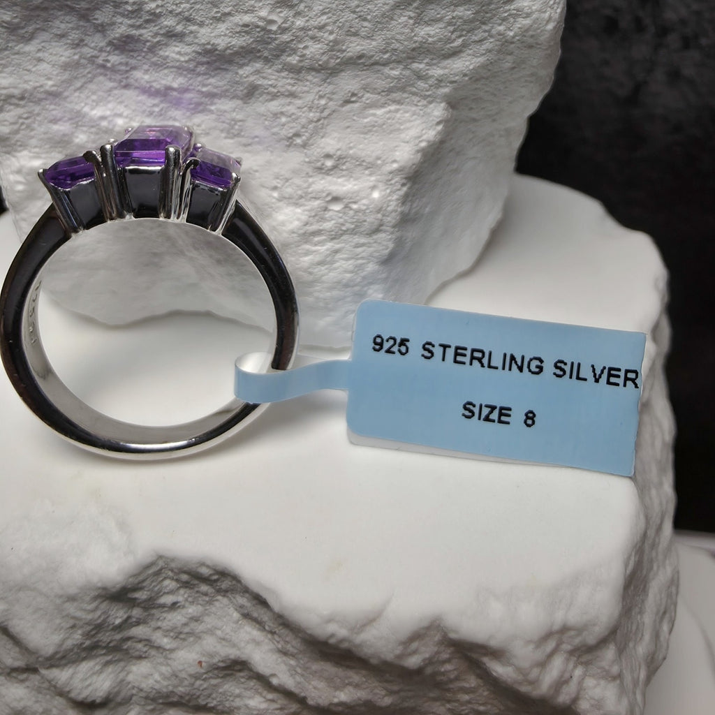 3-Stone Natural Purple Amethyst Ring 925 Sterling Silver Emerald Cut Size 8