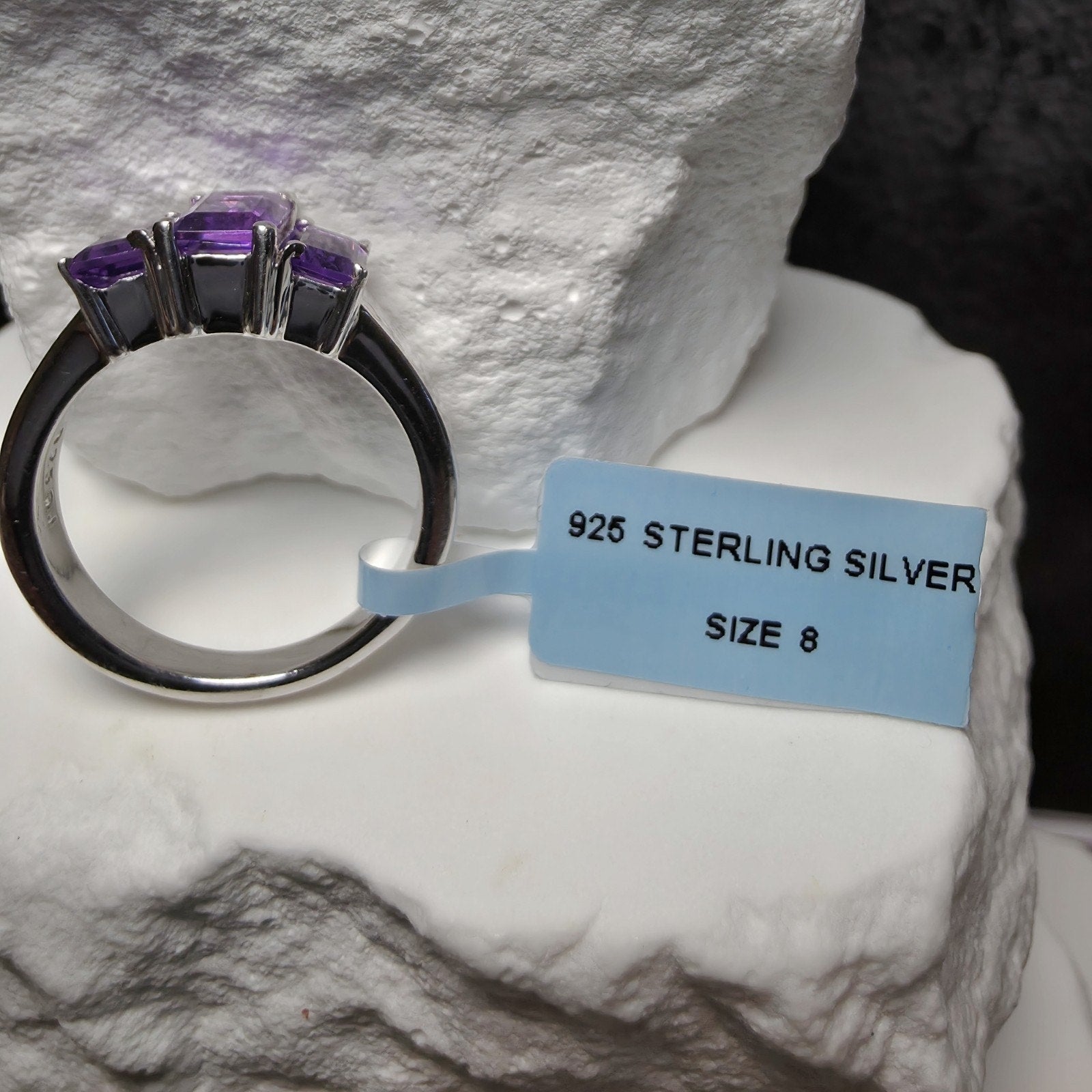 3-Stone Natural Purple Amethyst Ring 925 Sterling Silver Emerald Cut Size 8