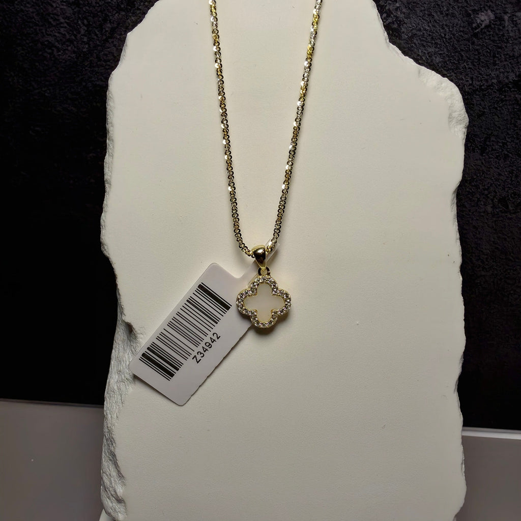0.24CT Moissanite Mother of Pearl Clover Pendant 20" Two-Tone Twisted Rock Necklace