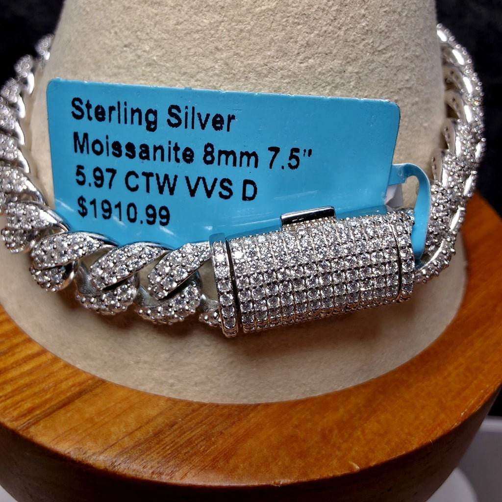 7.5" Moissanite Monaco Cuban Link Bracelet 8mm 925 Sterling Silver 5.97 CTW VVS