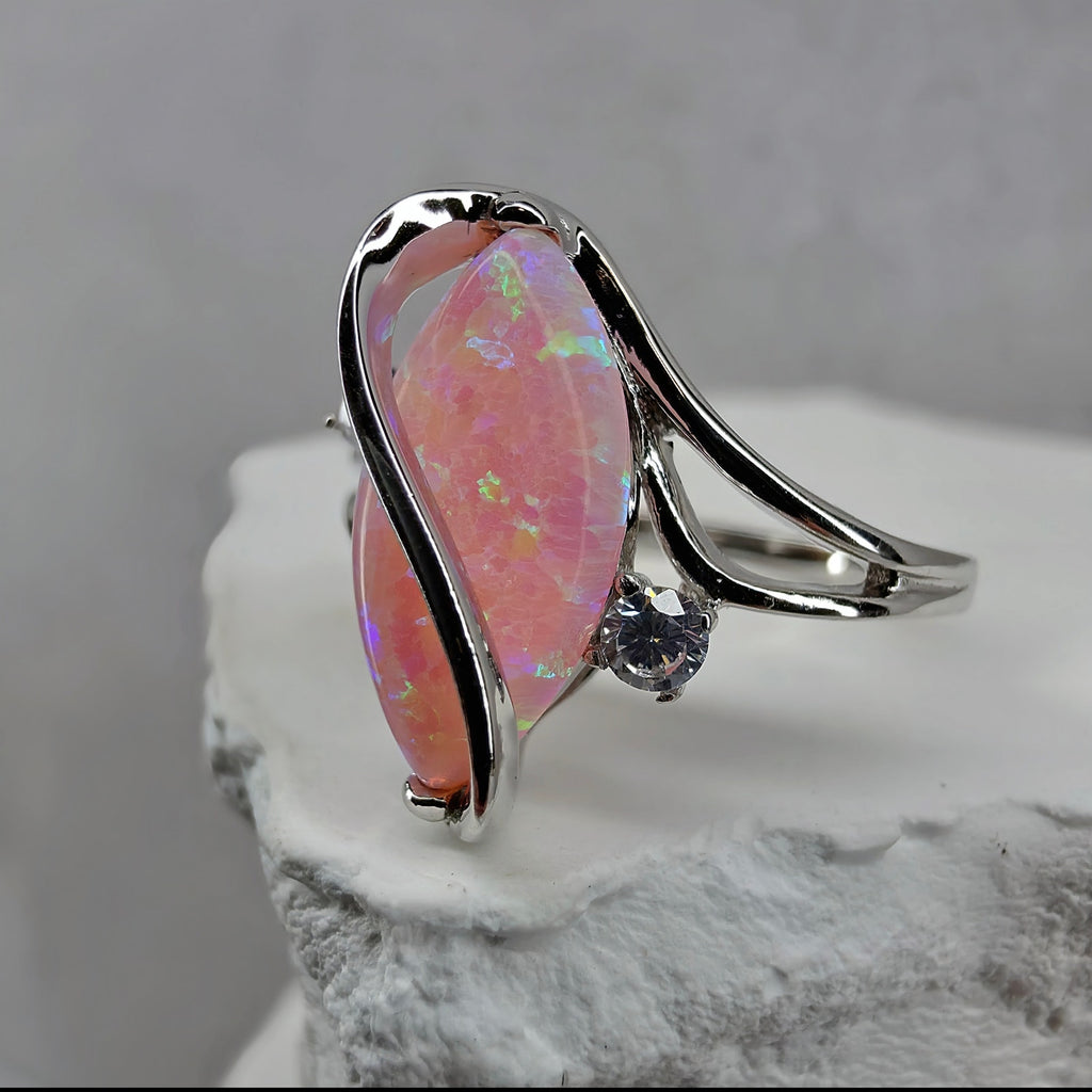 Size 7 Marquise Pink Fire Opal Ribbon Bypass Ring in Solid 925 Sterling Silver