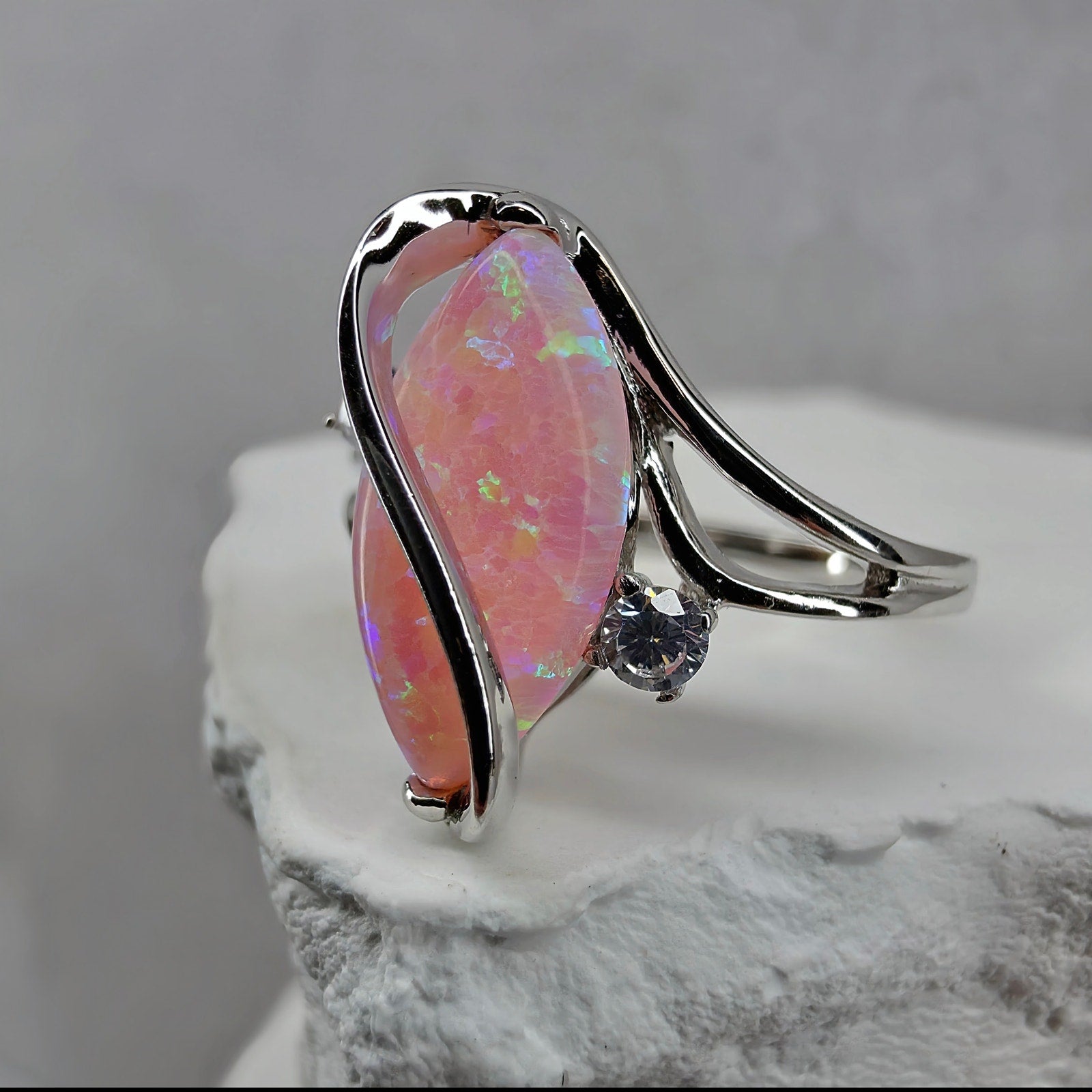 Size 7 Marquise Pink Fire Opal Ribbon Bypass Ring in Solid 925 Sterling Silver