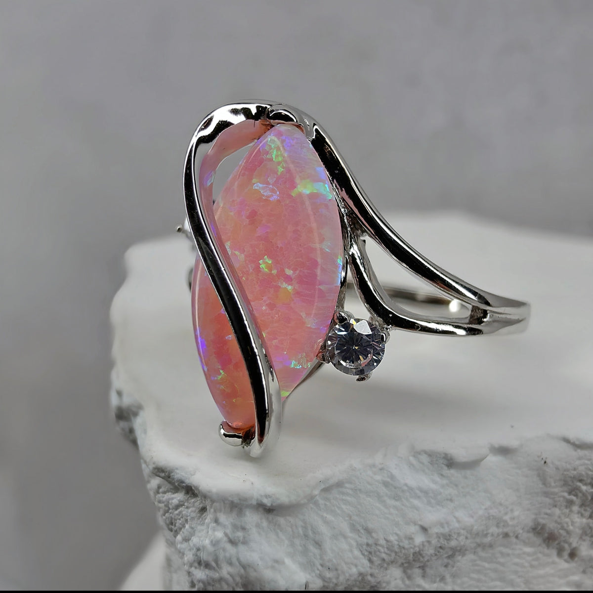 Size 9 Marquise Pink Fire Opal Ribbon Bypass Ring in Solid 925 Sterling Silver