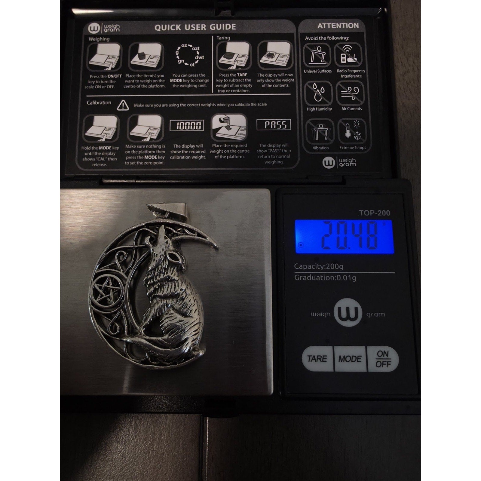 Handmade Crescent Moon Lone Wolf Pendant 20.48g 925 Solid Sterling