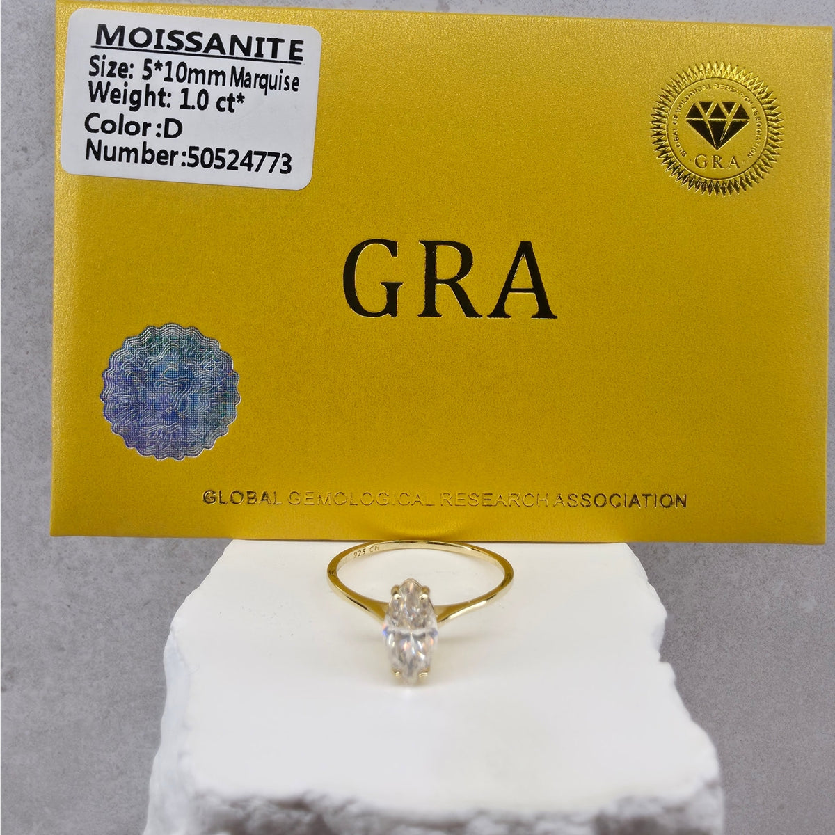 Size 8 1.0ct Marquise Moissanite Solitaire Ring 14K Gold Plated 925 Silver GRA