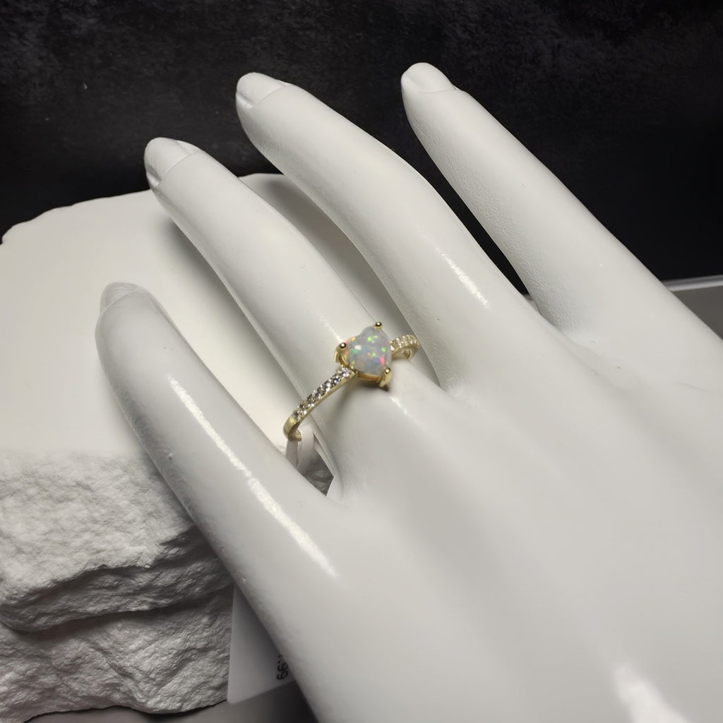 Heart-Cut White Opal & Accent Stones Ring (Size 7.5) Gold Over 925 Silver