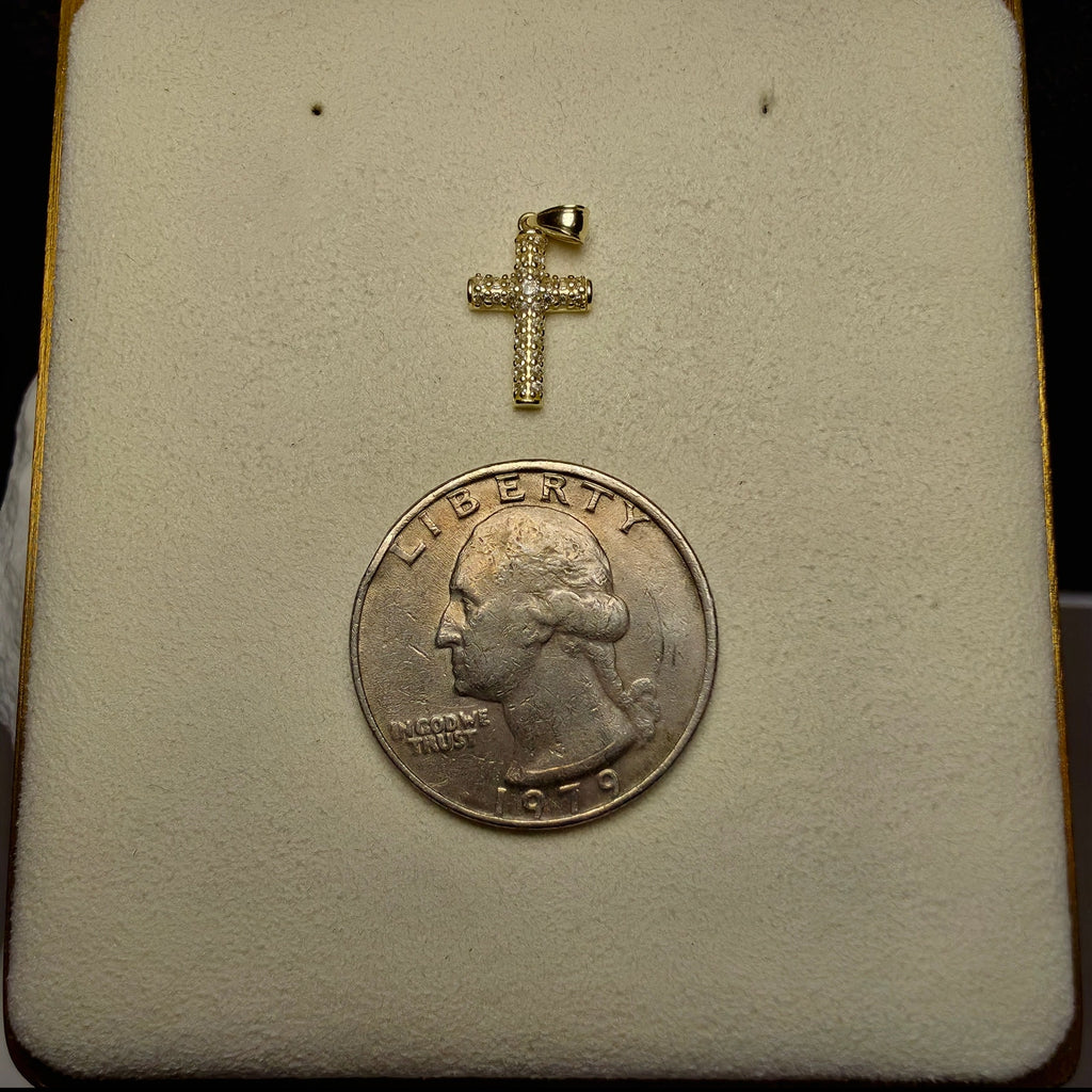 10K Yellow Gold Dainty Pavé Cross Pendant, Charm (0.40g)