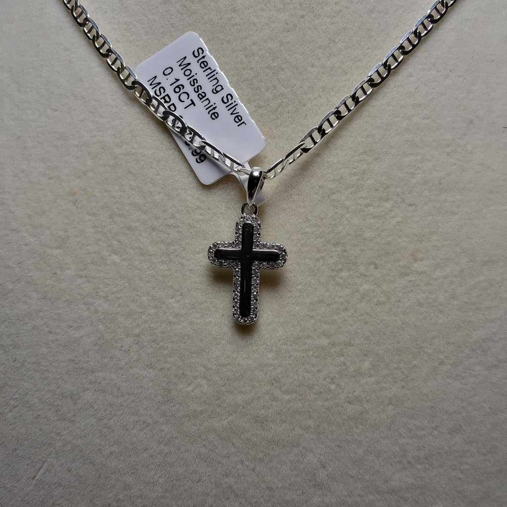0.16 ctw Moissanite Cross Pendant, 2.7mm Mariner Necklace 18" in 925 Sterling Silver