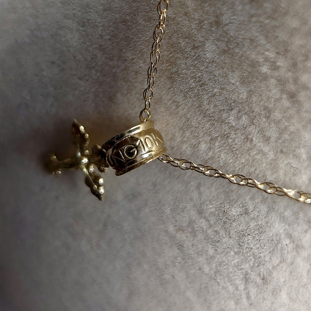 10K Solid Gold Dainty Crucifix Pendant w/10k 16" Singapore Necklace