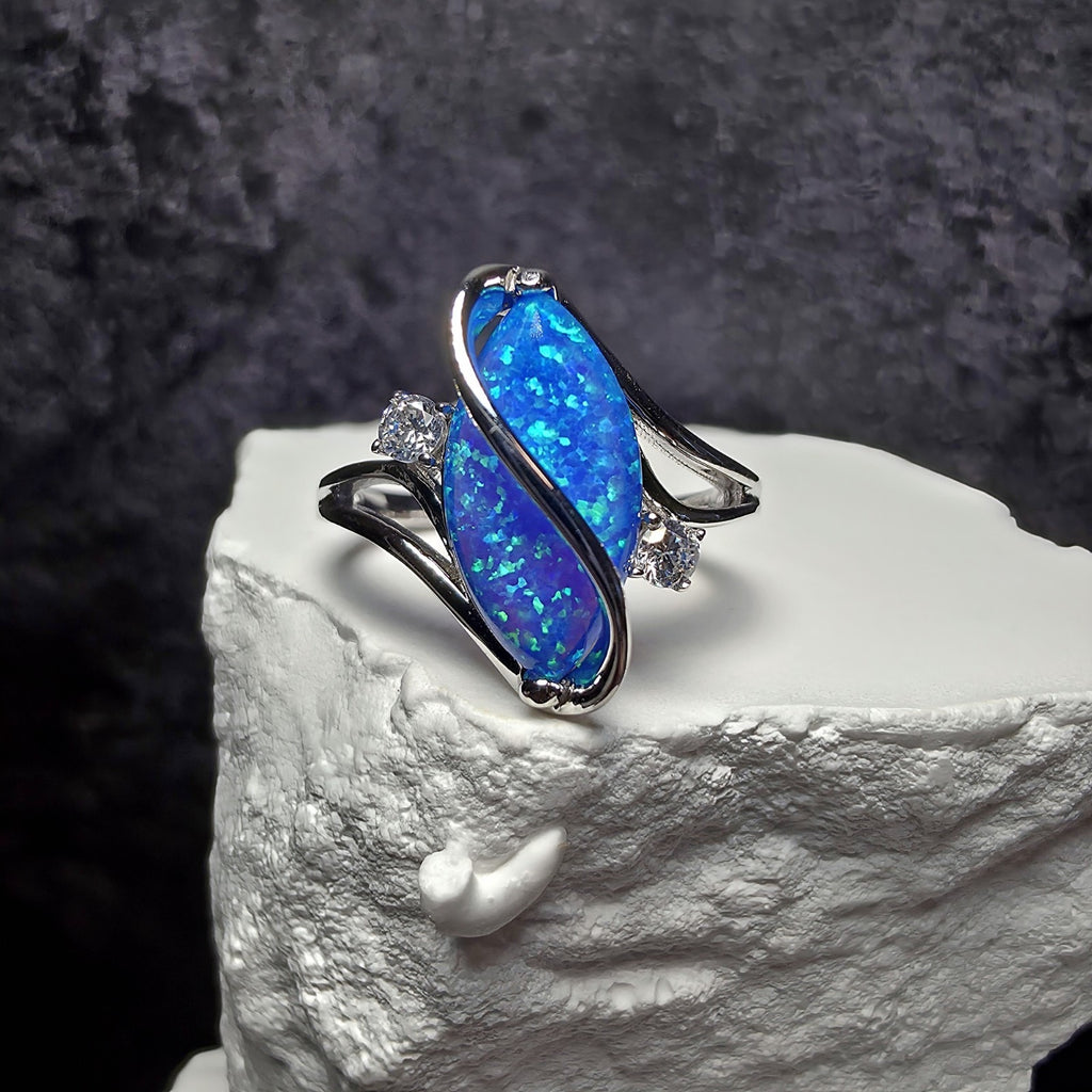 Vibrant Blue Fire Opal Marquis Ring 925 Sterling Silver Size 6
