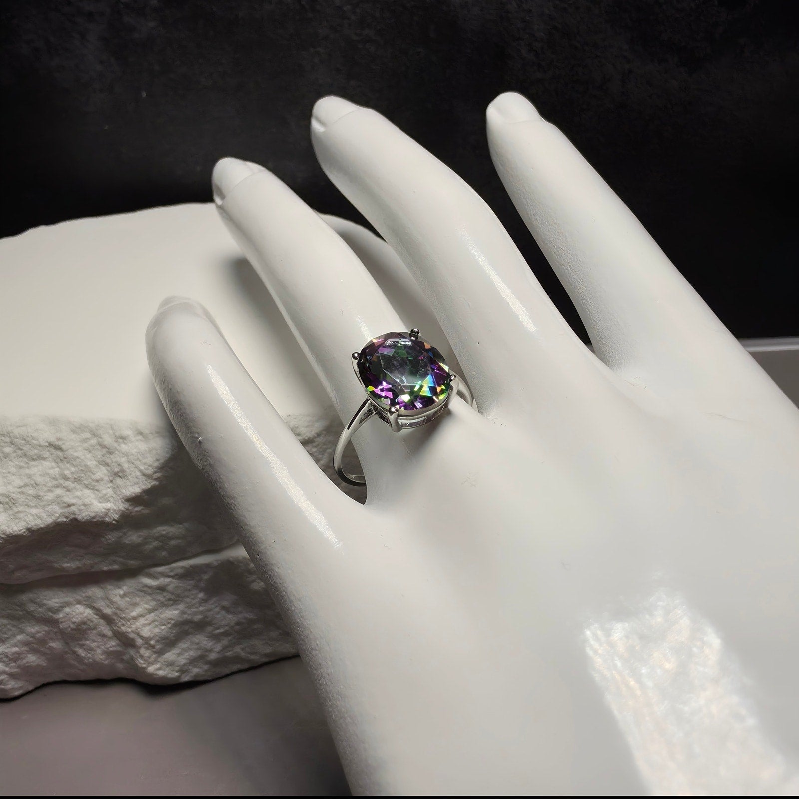 Genuine Oval Mystic Topaz Solitaire Ring in 925 Sterling Silver – Size 8