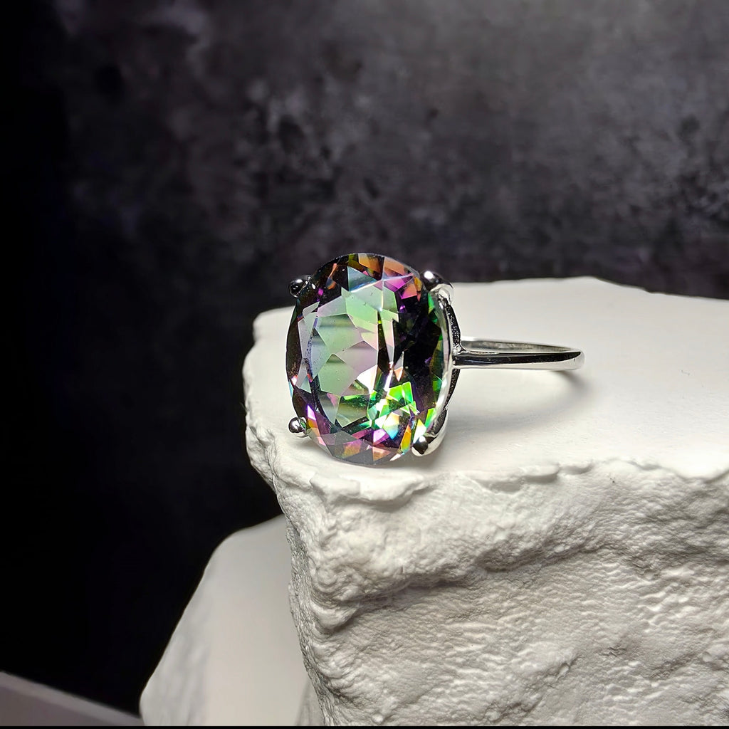 Genuine Oval Mystic Topaz Solitaire Ring in 925 Sterling Silver – Size 8