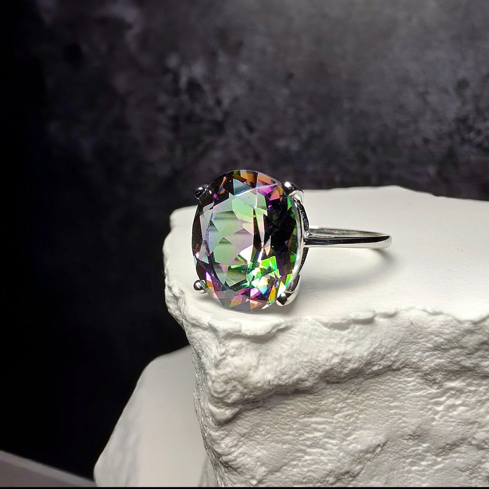 Genuine Oval Mystic Topaz Solitaire Ring in 925 Sterling Silver – Size 8