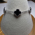 7+1" Black Onyx Station 5-Clover Bracelet Solid 925 Sterling Silver