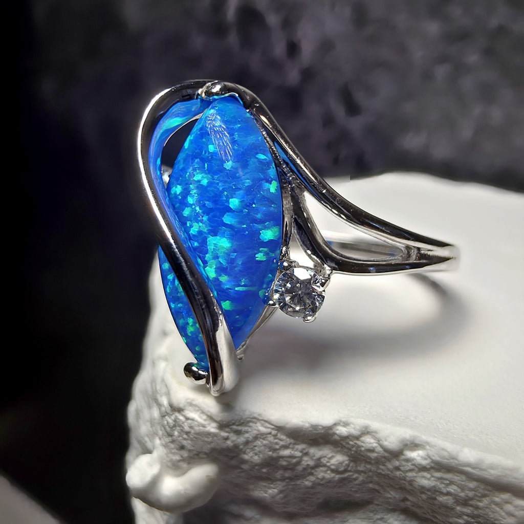 Vibrant Blue Fire Opal Marquis Ring 925 Sterling Silver Size 6