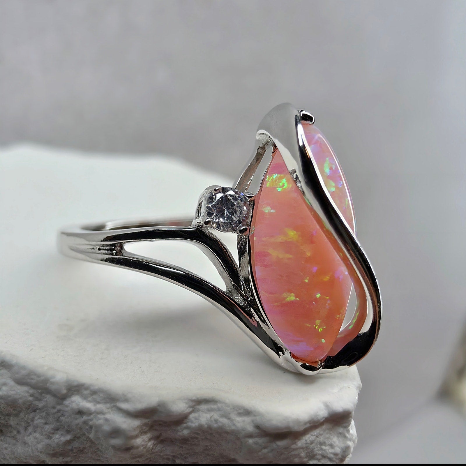 Size 7 Marquise Pink Fire Opal Ribbon Bypass Ring in Solid 925 Sterling Silver