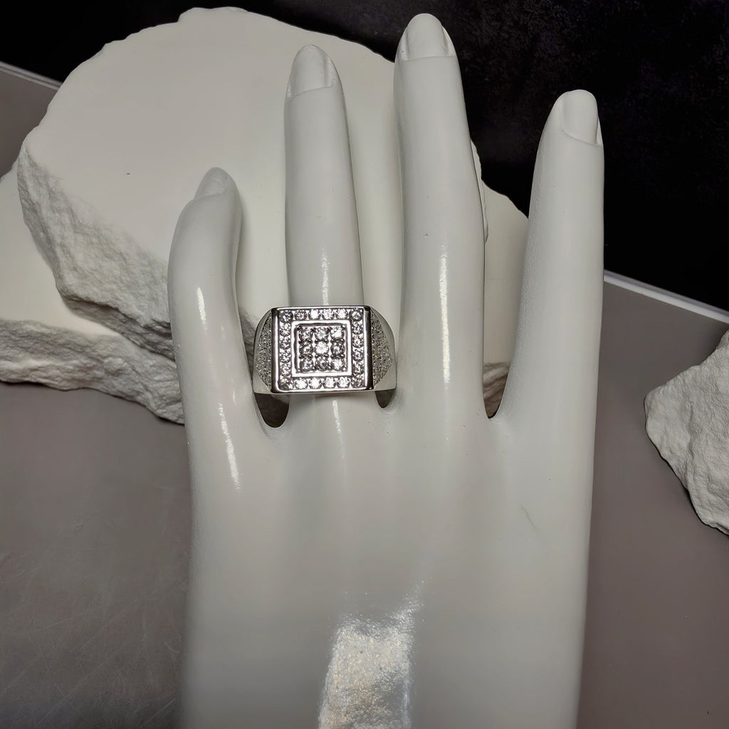 Men's 925 Sterling Silver Cubic Zirconia Square Signet Ring - Size 11