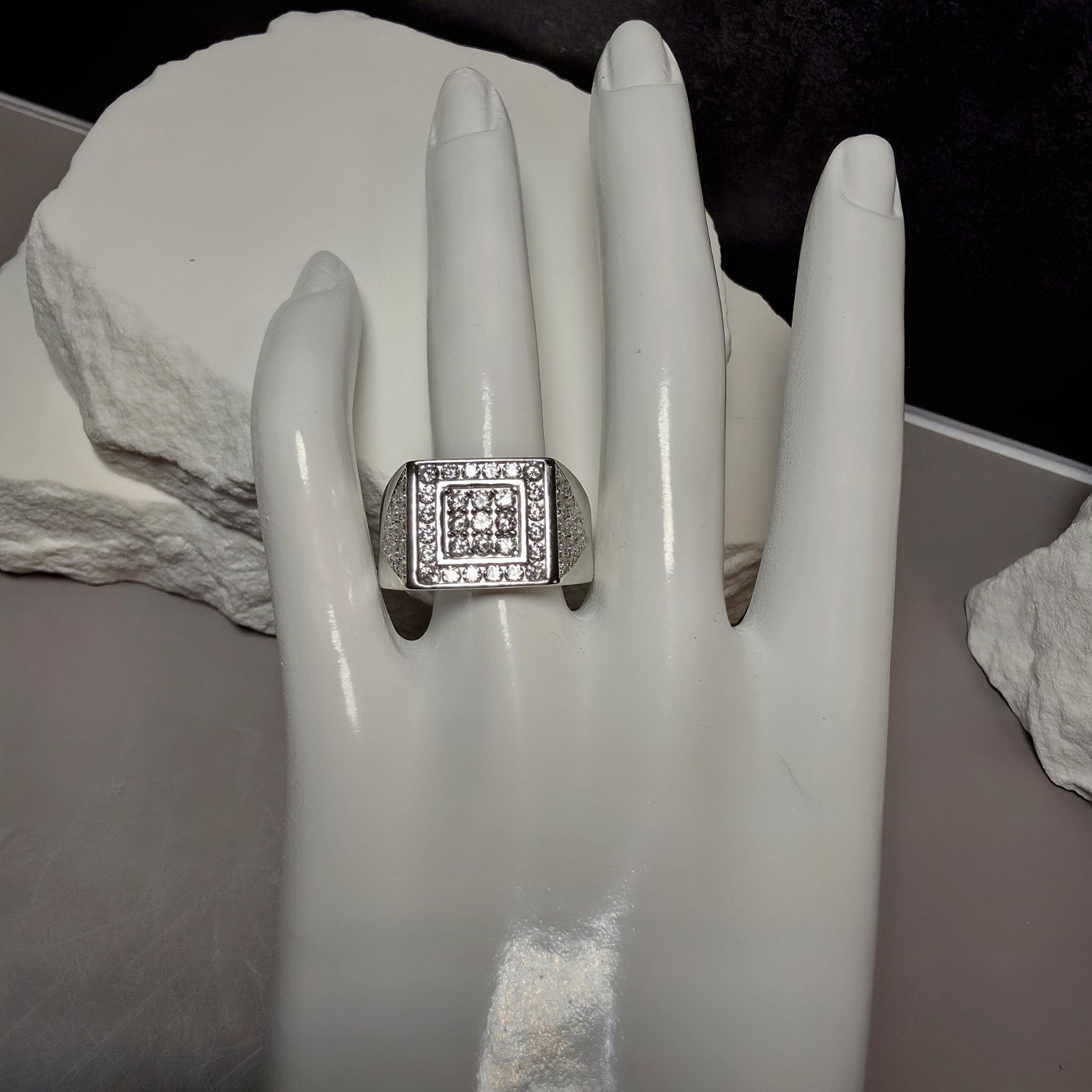 Men's 925 Sterling Silver Cubic Zirconia Square Signet Ring - Size 11