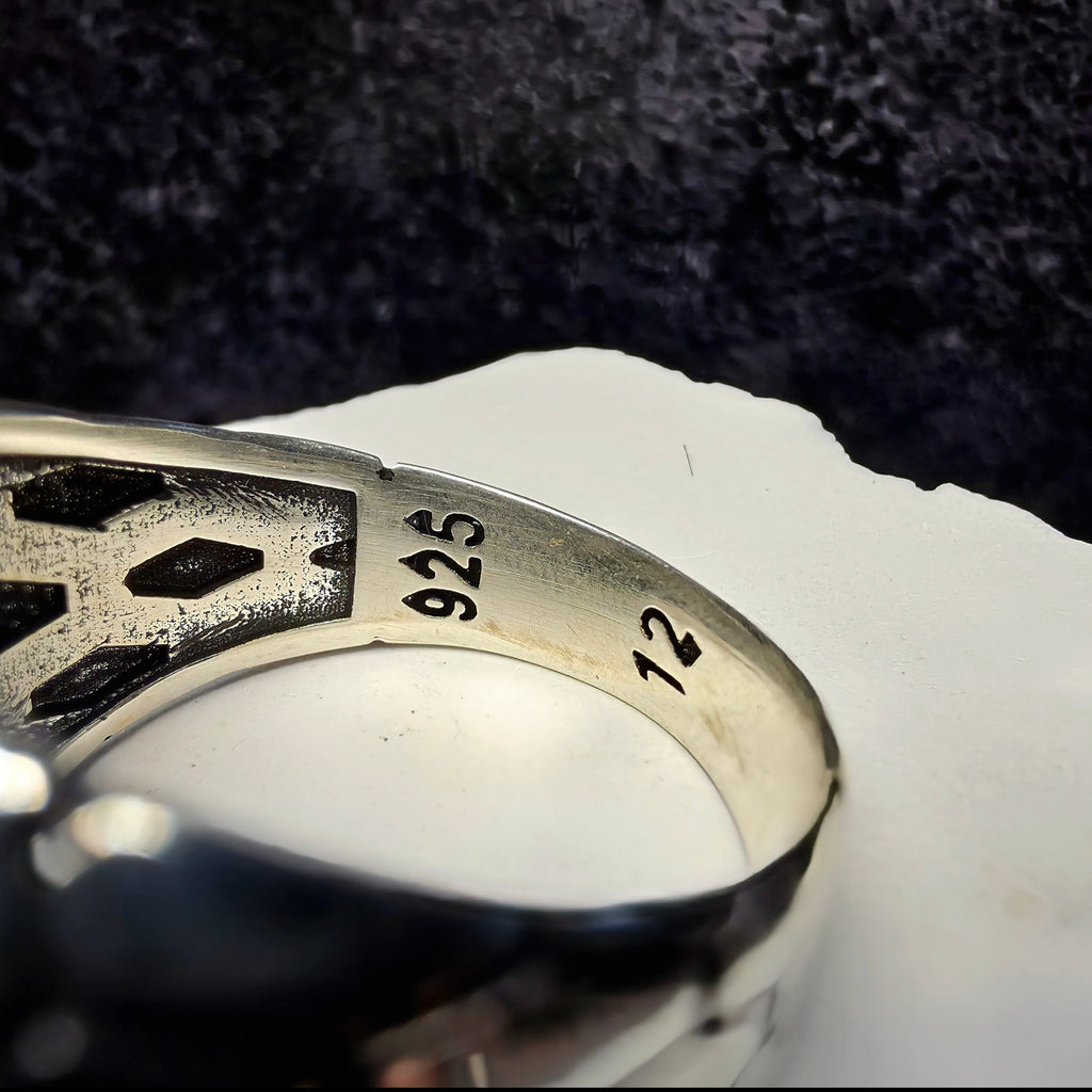 925 Sterling Silver Black Onyx Signet Men's Ring Hexagon Honeycomb Size 12.5 10g