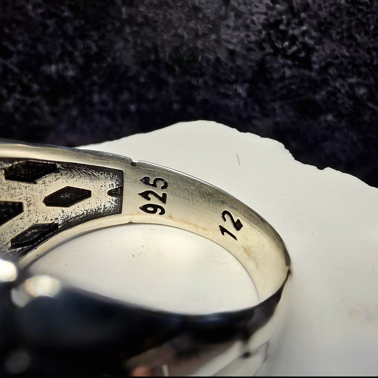 925 Sterling Silver Black Onyx Signet Men's Ring Hexagon Honeycomb Size 12.5 10g
