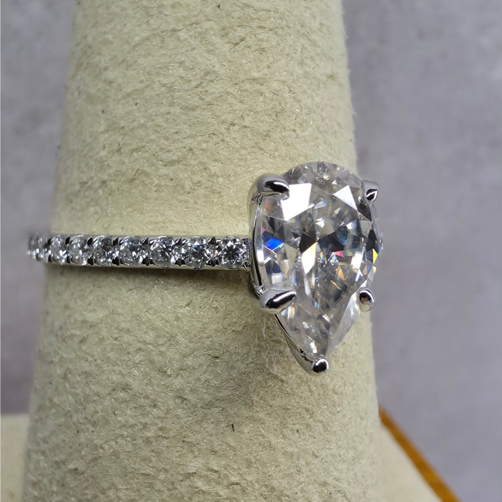 Size 6 or 8 1.5ctw Moissanite Pear Cut Ring 925 Silver Halo Engagement Ring