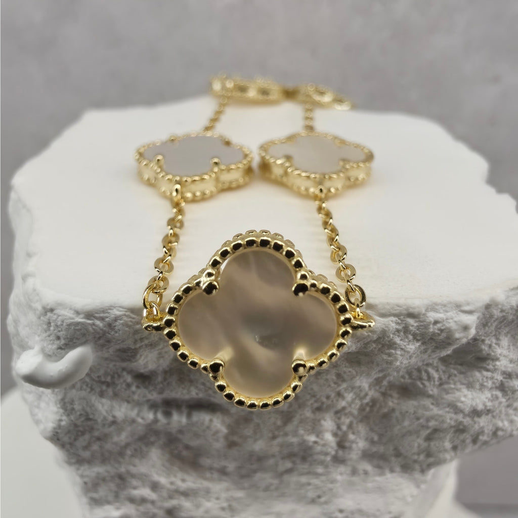 7+1" 12mm Mother of Pearl 5-Motif Clover Bracelet Gold Plated 925 Silver