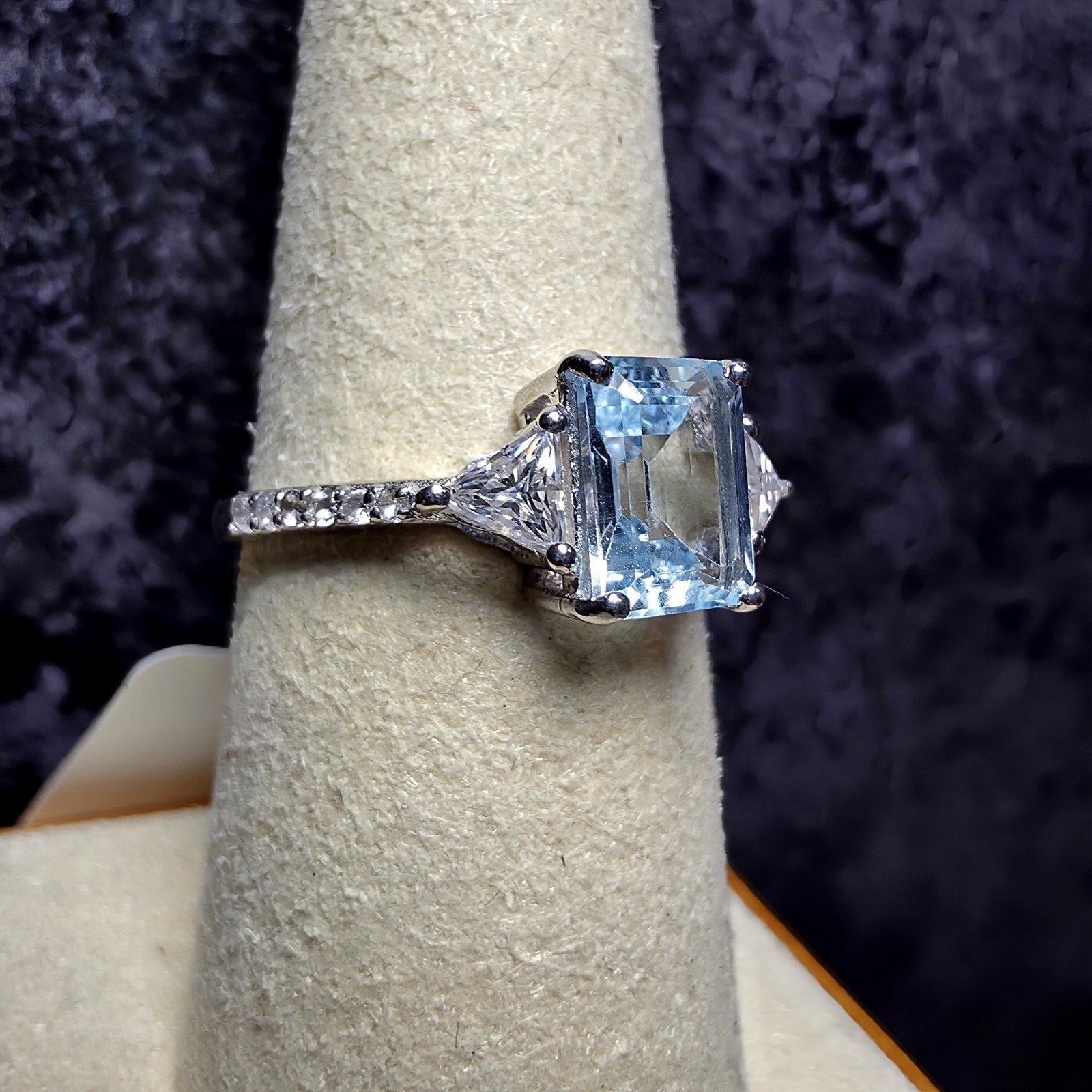 Natural Aquamarine Ring 1.85CT Emerald Cut with Moissanite & White Topaz Size 8