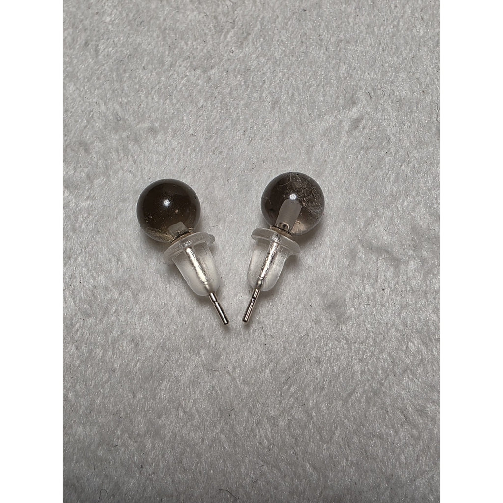 6.0mm Gray Round Stud 10k White Gold Earrings w/ Rubber Back Closure