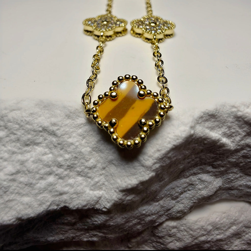 7+1" Tiger's Eye & CZ Clover Station Bracelet in Gold over 925 Sterling Silver
