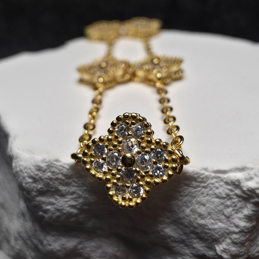 Gold 925 Silver Pave CZ Cluster 5 Station Clover Bracelet Adjustable 7-8"