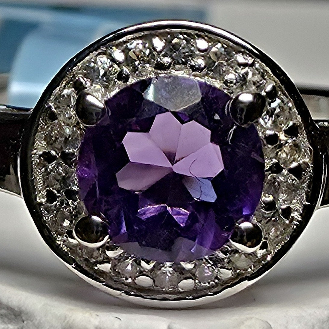 Size 6.5 Natural Amethyst & 0.52ctw Moissanite Halo Ring 925 Sterling Silver