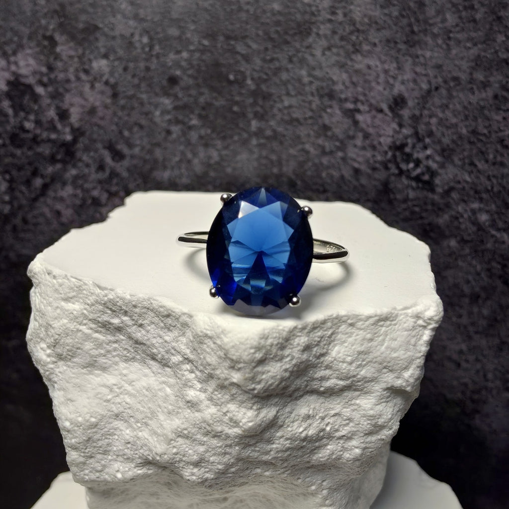Oval Simulated Blue Sapphire Solitaire Ring in 925 Sterling Silver (Size 8)