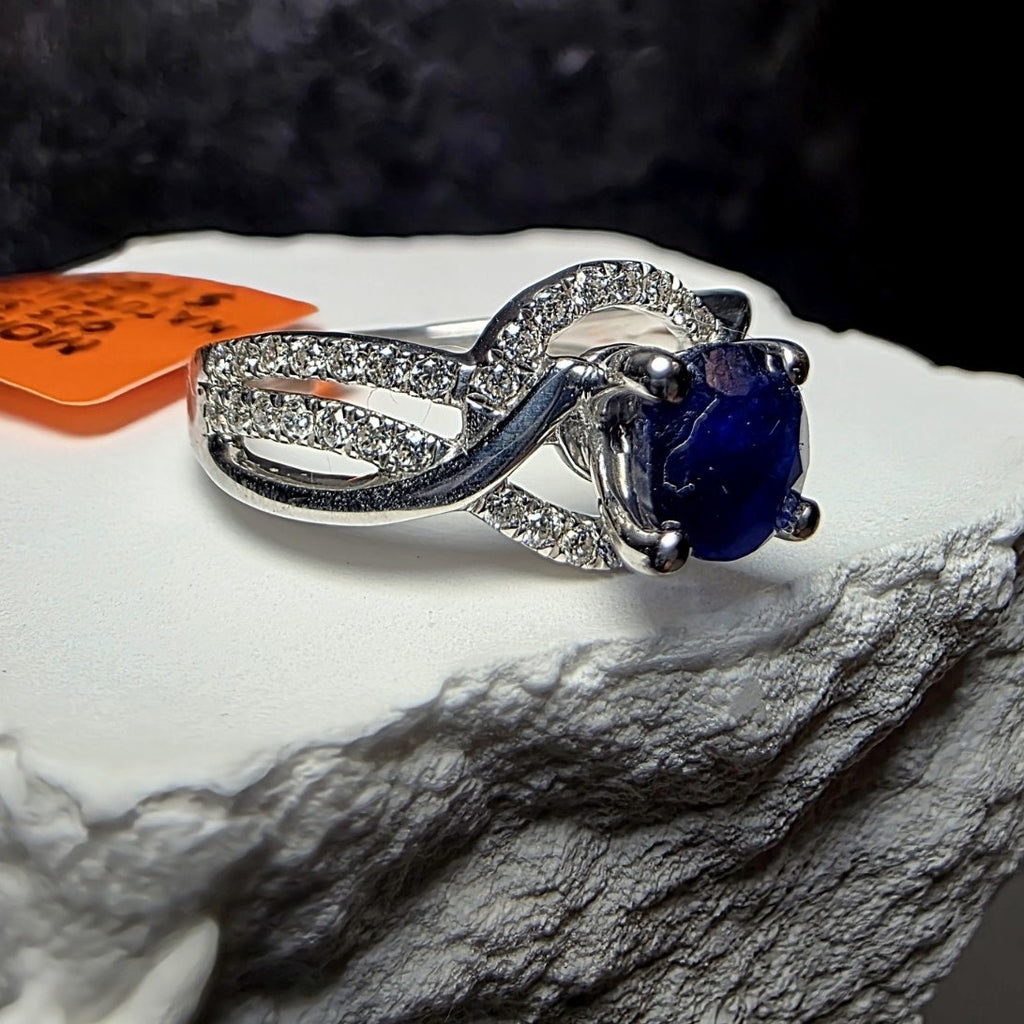Size 7 1.33ct Natural Sapphire & Moissanite Ring 925 Silver GGL Certified