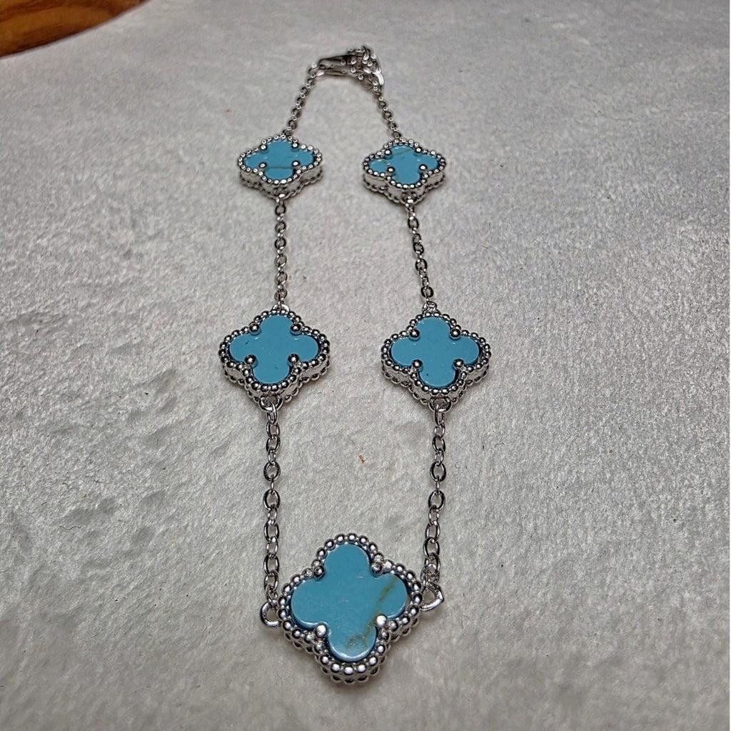 7+1" Genuine Turquoise Clover Station Bracelet (Adjustable 925 Sterling Silver)