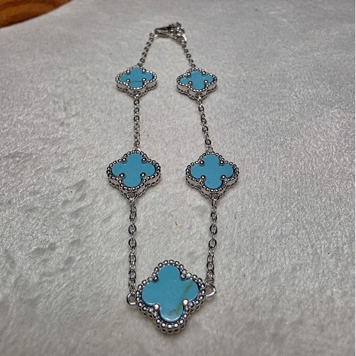 7+1" Genuine Turquoise Clover Station Bracelet (Adjustable 925 Sterling Silver)