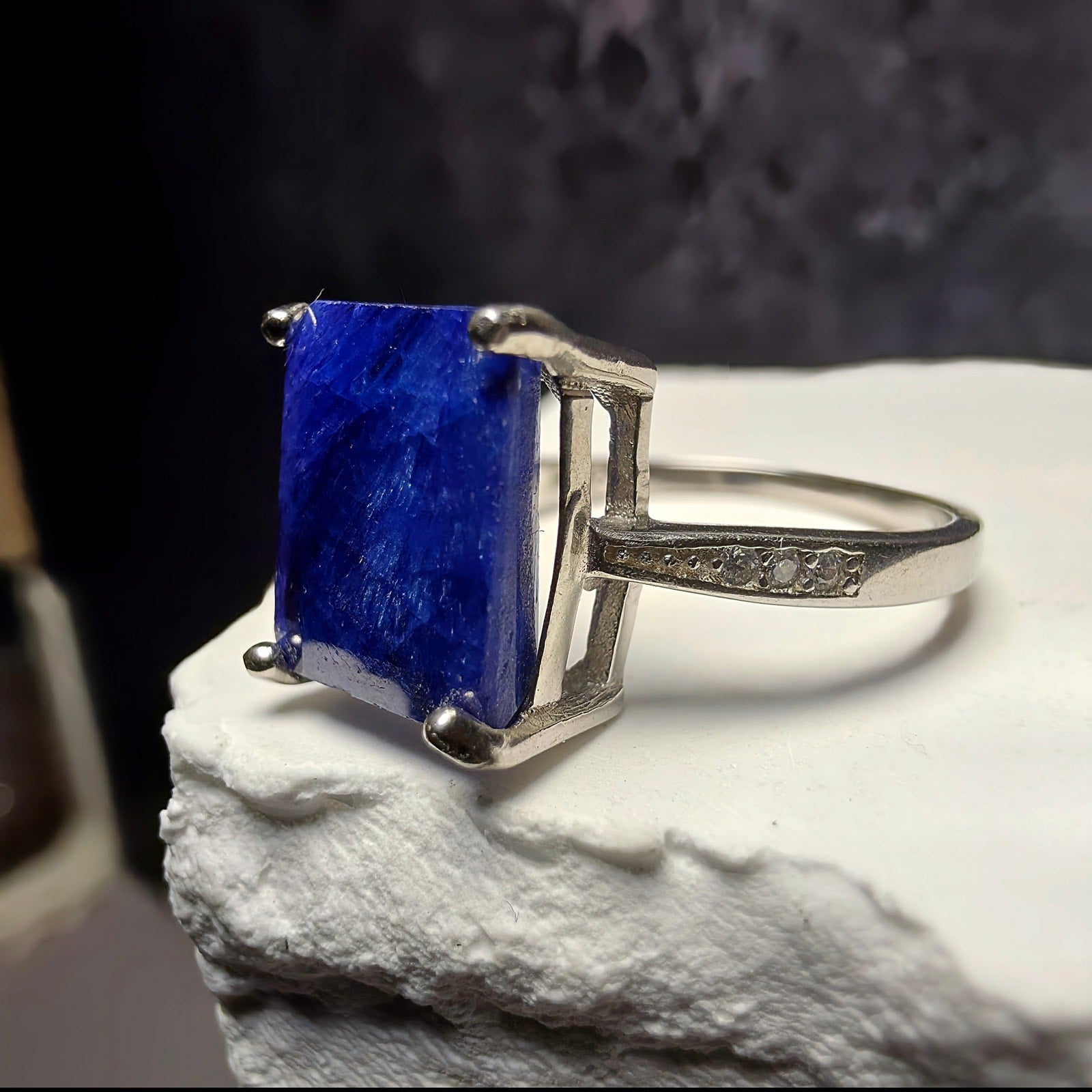 Natural Lapis Lazuli Ring S925 Sterling Silver Emerald Cut - Size 6, 2mm