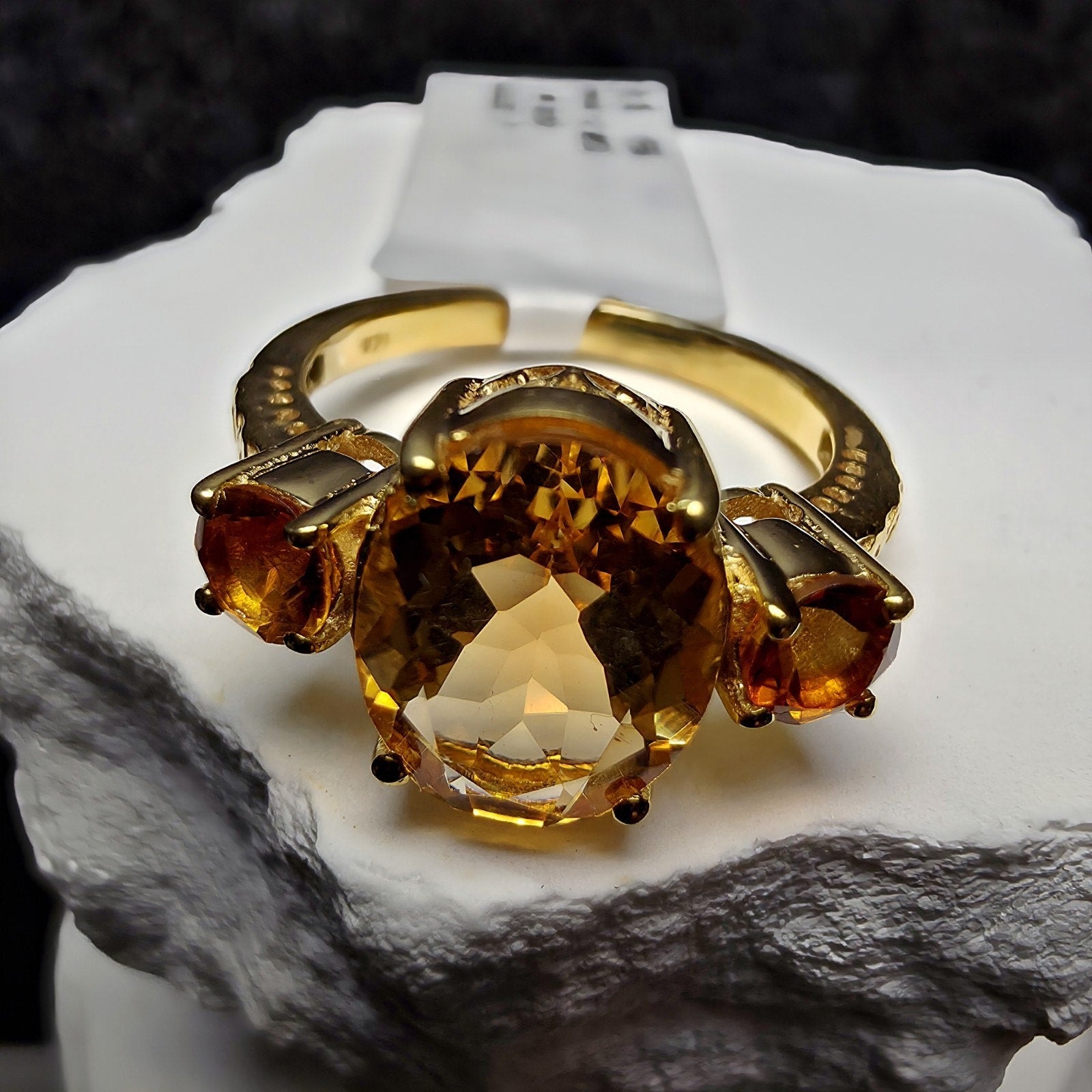 Genuine Citrine Three-Stone Ring Size 7 Gold Over 925 Silver