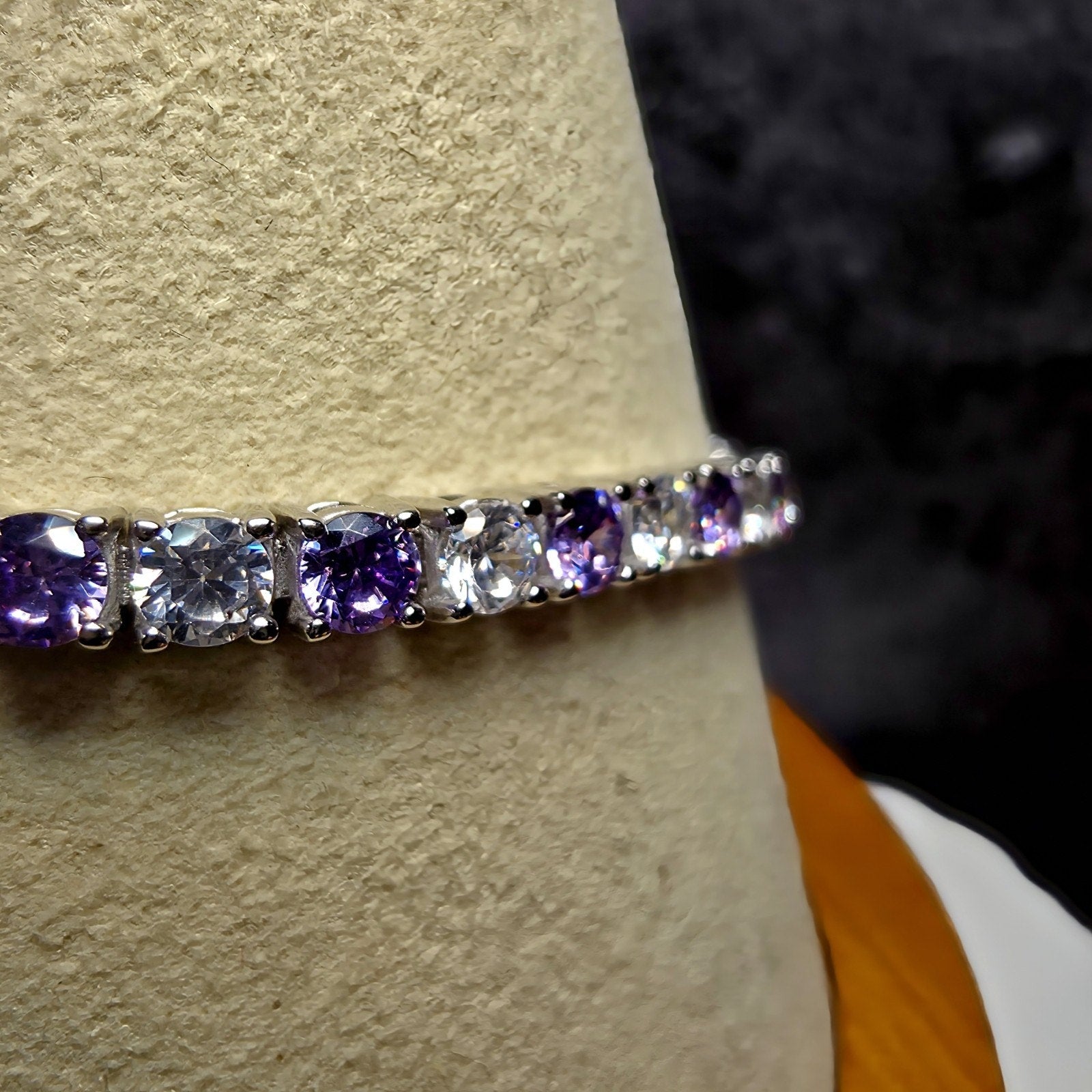 925 Sterling Silver Purple Amethyst & CZ Alternating Tennis Bracelet – 7" 3.3mm