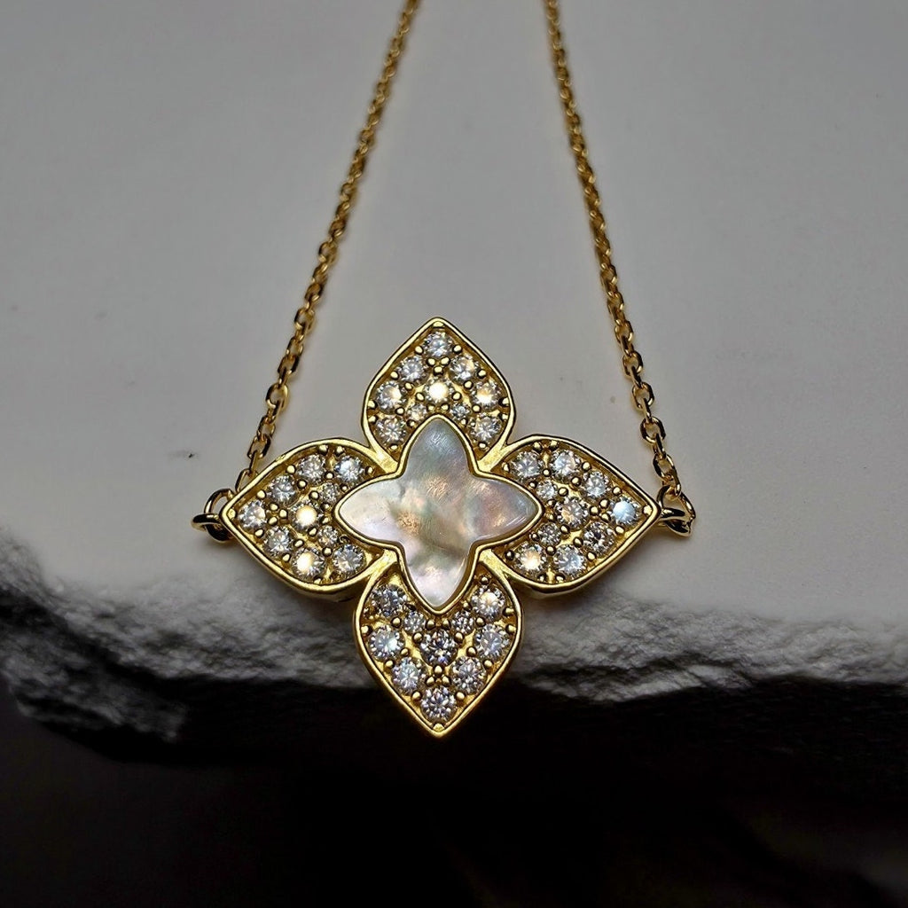 1.08 CTW Moissanite & Mother of Pearl Floral Bracelet in Gold Over Silver