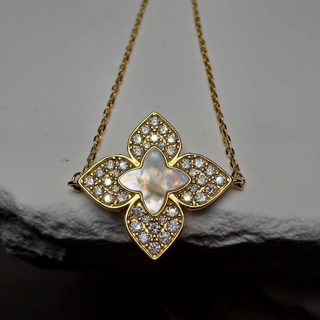 1.08 CTW Moissanite & Mother of Pearl Floral Bracelet in Gold Over Silver