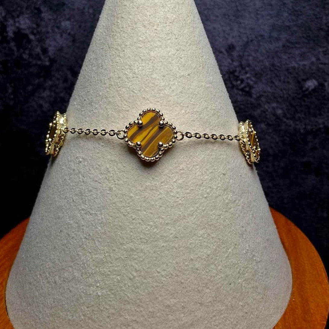 7+1" Genuine Tiger's Eye Clover Bracelet | Gold over 925 Sterling Silver