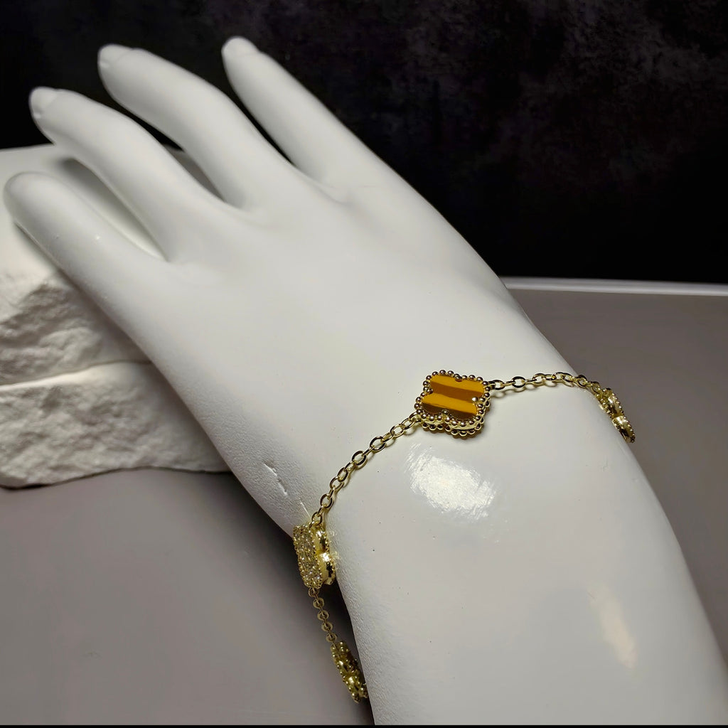 7+1" Tiger's Eye & CZ Clover Station Bracelet in Gold over 925 Sterling Silver