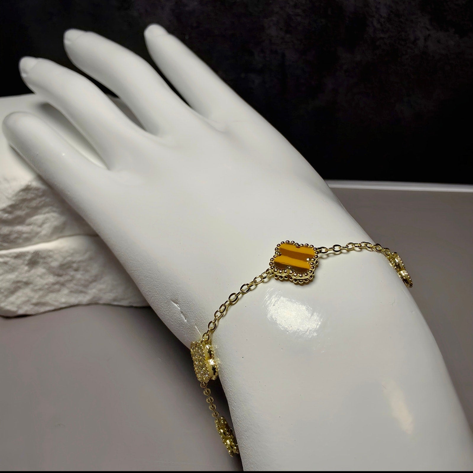 7+1" Tiger's Eye & CZ Clover Station Bracelet in Gold over 925 Sterling Silver