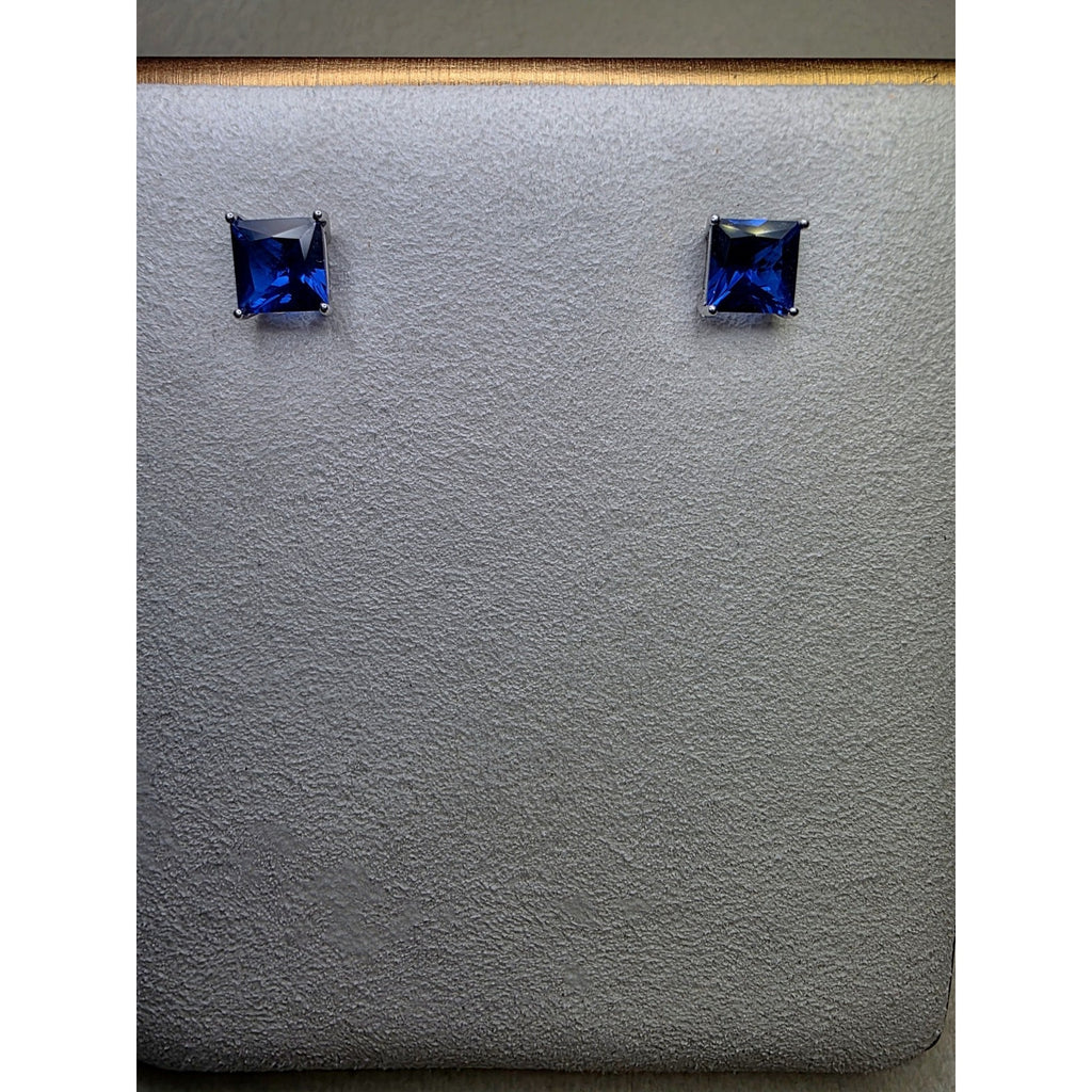 7mm Lab Sapphire Princess Cut Earrings w/Butterfly Back 925 Sterling Silver