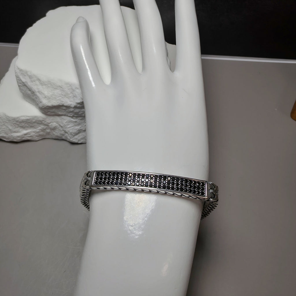 925 Sterling Silver Black Spinel ID Bar Double Franco Link Bracelet 9" 32g 7mm