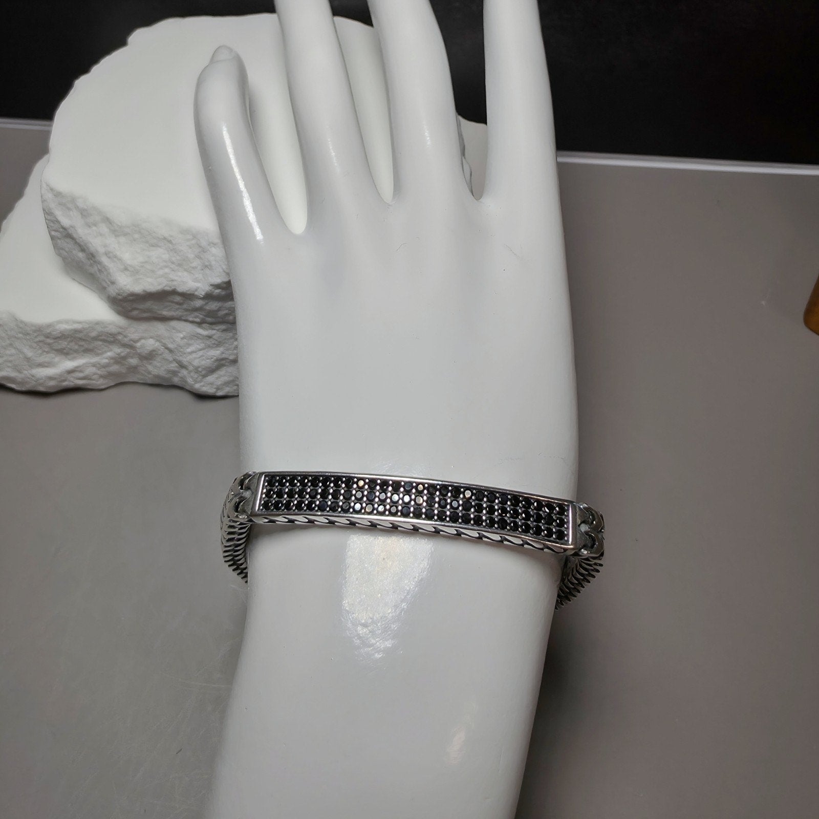 925 Sterling Silver Black Spinel ID Bar Double Franco Link Bracelet 9" 32g 7mm
