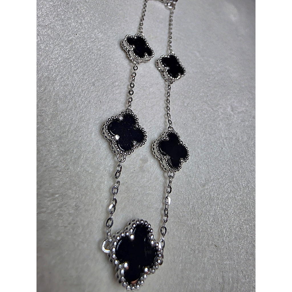 7+1" Black Onyx Station Clover Bracelet 925 Sterling Silver