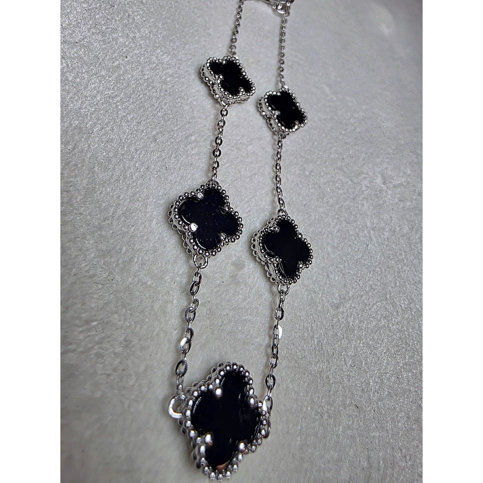 7+1" Black Onyx Station Clover Bracelet 925 Sterling Silver