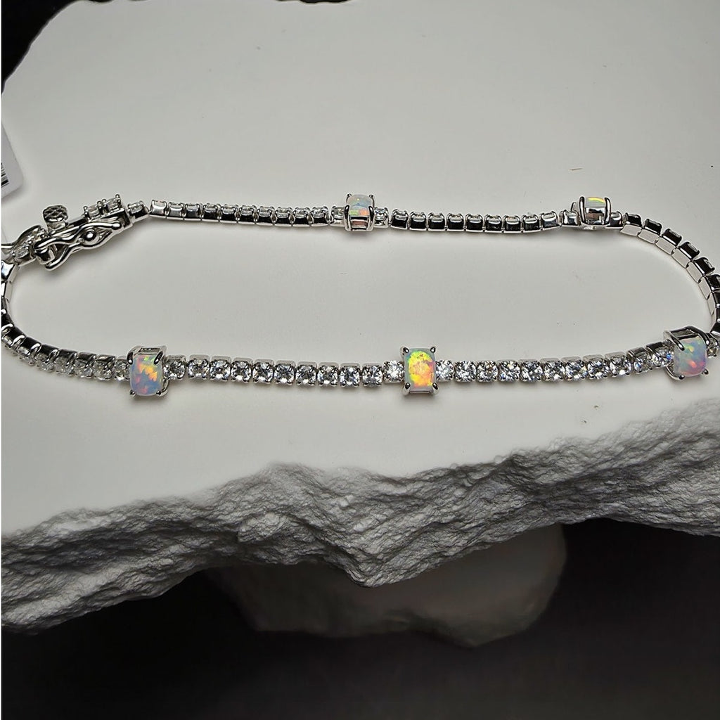 7" 925 Sterling Silver Ethiopian Opal & CZ Tennis Bracelet | Iridescent Station